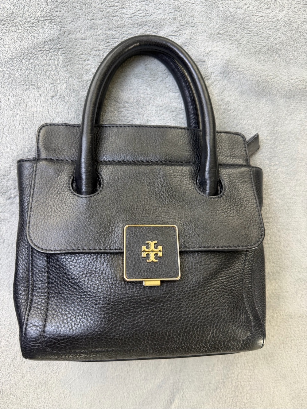 Tory Burch Black Pebble Leather Small Satchel Tote Bag Gold Hardware